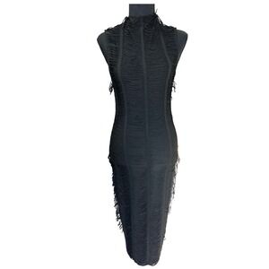 Black Mock Neck Cutout Fringe Sheer Bodycon Midi Dress Women's Small